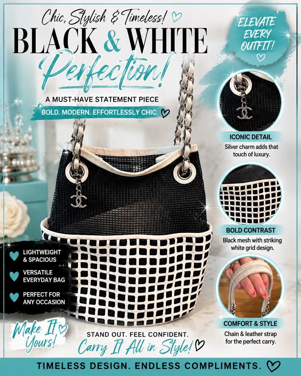 KB065 CHANEL 2014-2015 CC Mesh and Calfskin bucket bag*Black & White